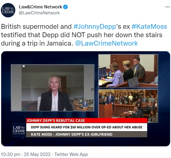 裁判所のビデオ通話で証言したケイト（画像は『Law＆Crime Network　2022年5月25日付Twitter「British supermodel and ＃JohnnyDepp’s ex ＃KateMoss testified that Depp did NOT push her down the stairs during a trip in Jamaica.」』のスクリーンショット）