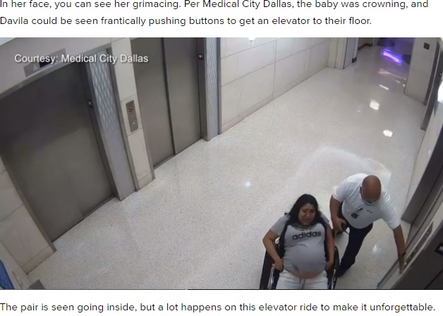エレベーターの到着を待つ妊婦と警備員の男性（画像は『WFAA　2022年5月20日付「WATCH: Dallas hospital security guard delivers baby in elevator on Mother’s Day」（Credit: Medical City Dallas）』のスクリーンショット）