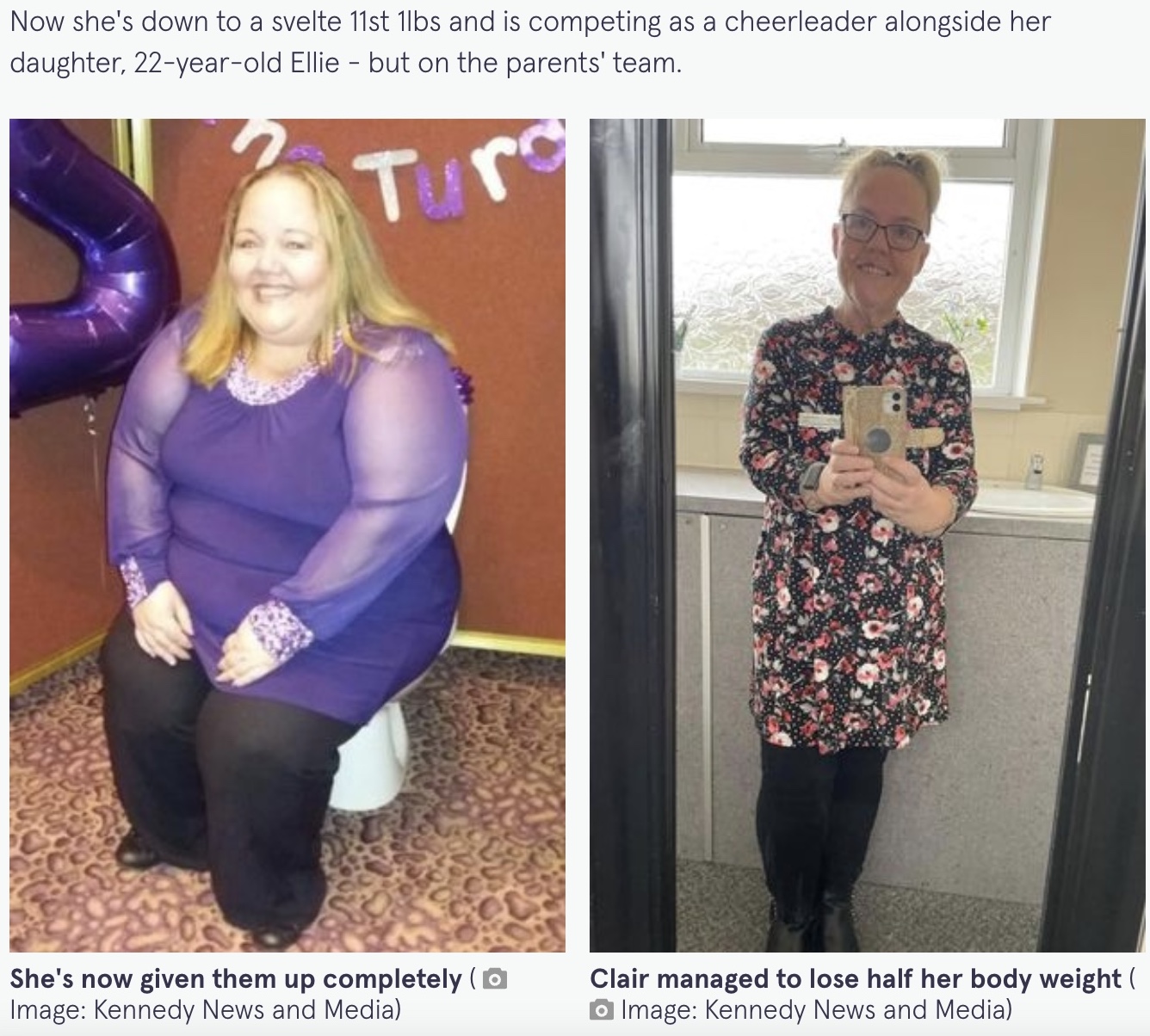 ビフォーアフターはまるで別人（画像は『The Mirror　2022年6月14日付「Fizzy drink ‘addict’ unrecognisable after shedding half her body weight by ditching pop」（Image: Kennedy News and Media）』のスクリーンショット）