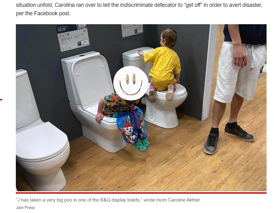 展示用のトイレで用を足してしまった4歳男児（画像は『New York Post　2022年6月13日付「Parents mortified after son poops in store’s display toilet: ‘Very big poo’」（Jam Press）』のスクリーンショット）