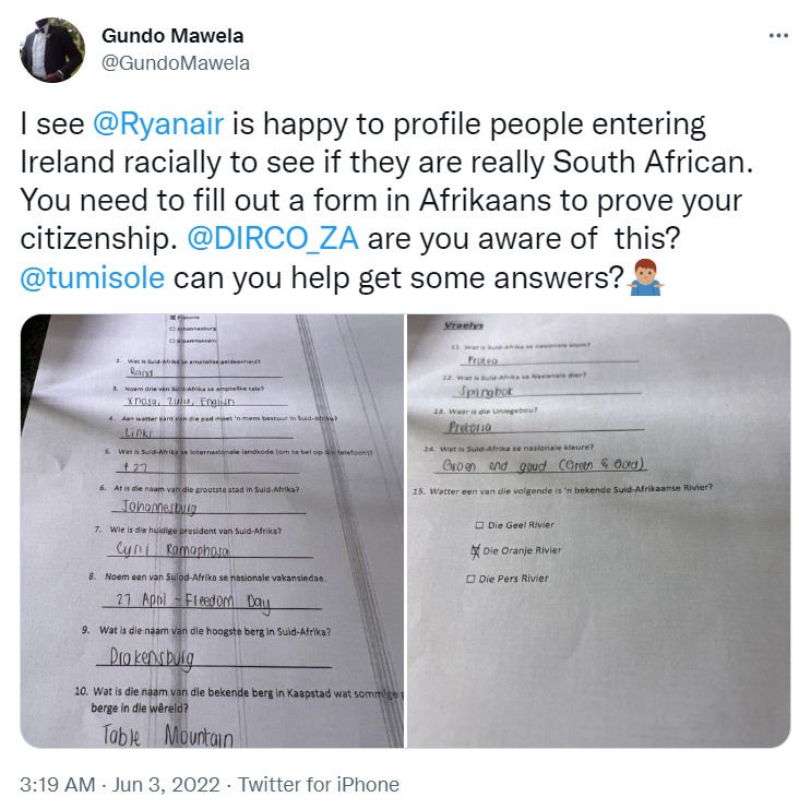 搭乗前に渡されたアフリカーンス語のテスト問題（画像は『Gundo Mawela　2022年6月3日付Twitter「I see ＠Ryanair is happy to profile people entering Ireland racially to see if they are really South African.」』のスクリーンショット）