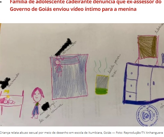 少女が描いた絵（画像は『G1　2022年6月6日付「Homem é preso suspeito de estuprar criança após menina entregar desenho para professora relatando abuso, em Itumbiara」（Foto: Reprodução/TV Anhanguera）』のスクリーンショット）