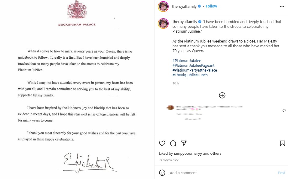 人々に感謝の気持ちを伝えた女王（画像は『The Royal Family　2022年6月5日付Instagram「“I have been humbled and deeply touched that so many people have taken to the streets to celebrate my Platinum Jubilee.”」』のスクリーンショット）
