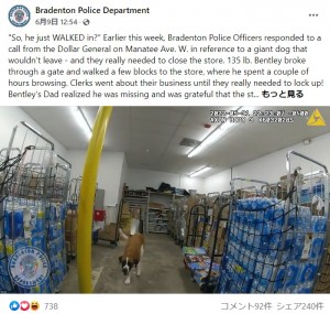 在庫置き場のスペースを徘徊するベントレー（画像は『Bradenton Police Department　2022年6月9日付Facebook「‘So, he just WALKED in?’ Earlier this week, Bradenton Police Officers responded to a call from the Dollar General on Manatee Ave.」』のスクリーンショット）