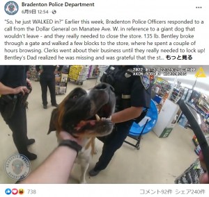 警察官の指示に尻尾を振って大人しく従うベントレー（画像は『Bradenton Police Department　2022年6月9日付Facebook「‘So, he just WALKED in?’ Earlier this week, Bradenton Police Officers responded to a call from the Dollar General on Manatee Ave.」』のスクリーンショット）