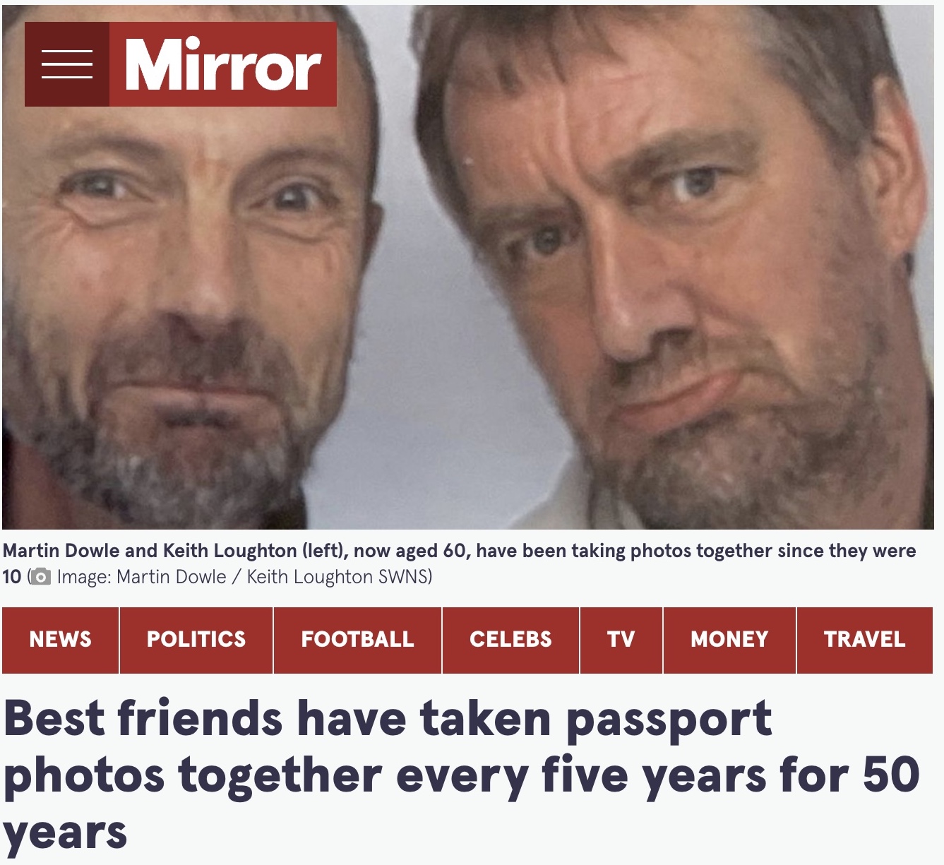 50周年記念の撮影を行った親友同士（画像は『The Mirror　2022年7月19日付「Best friends have taken passport photos together every five years for 50 years」（Image: Martin Dowle / Keith Loughton SWNS）』のスクリーンショット）