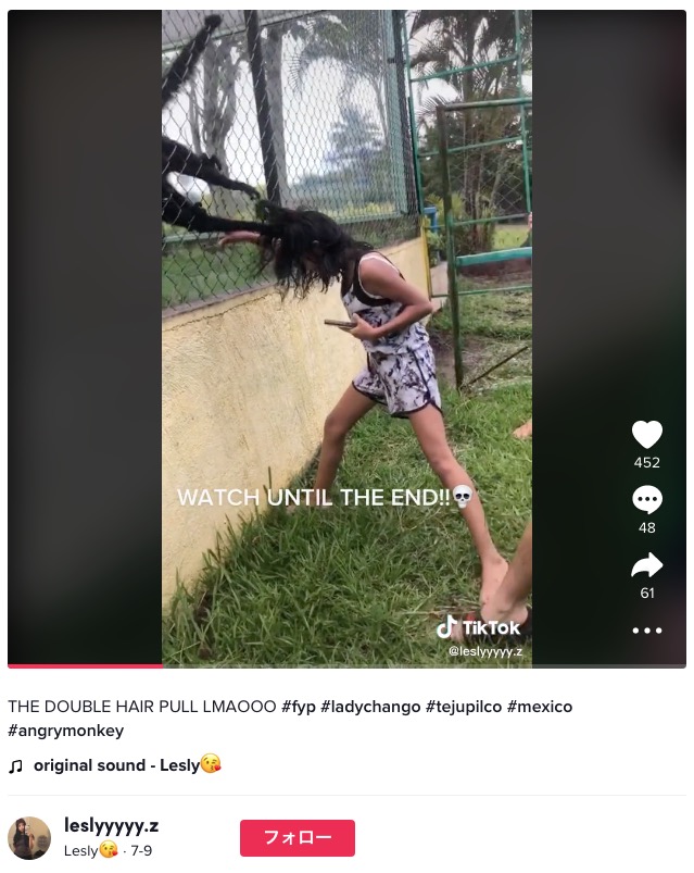 クモザルに髪の毛を鷲掴みされた少女（画像は『Lesly　2022年7月9日付TikTok「THE DOUBLE HAIR PULL LMAOOO」』のスクリーンショット）