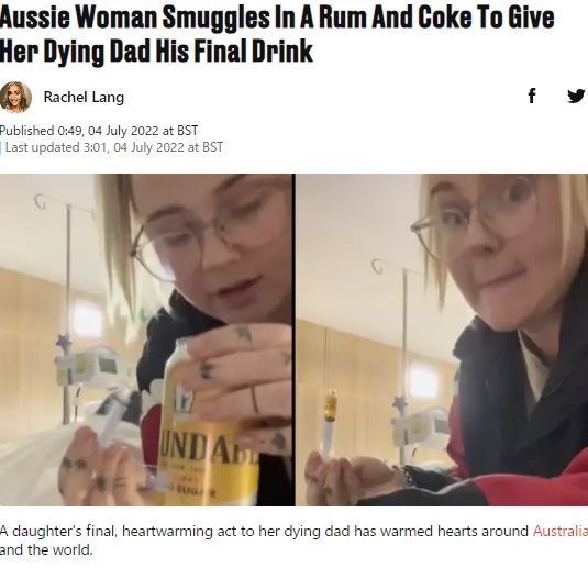 父の最期の望みのラム酒を注射筒で（画像は『LADbible　2022年7月4日付「Aussie Woman Smuggles In A Rum And Coke To Give Her Dying Dad His Final Drink」（Featured Image Credit: ＠Penface/TikTok.）』のスクリーンショット）