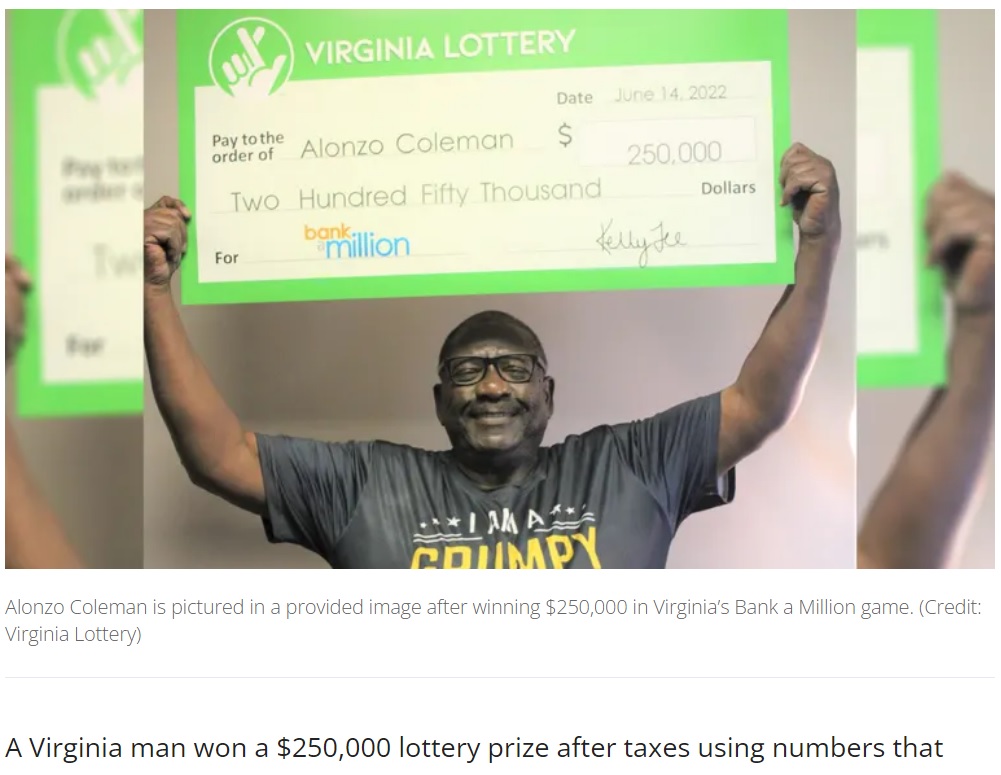 夢で見た数字を使い、宝くじで3000万円以上の大当たりをした男性（画像は『FOX 35 Orlando　2022年7月4日付「Virginia man wins ＄250K lottery prize with numbers he saw in dream」（Credit: Virginia Lottery）』のスクリーンショット）
