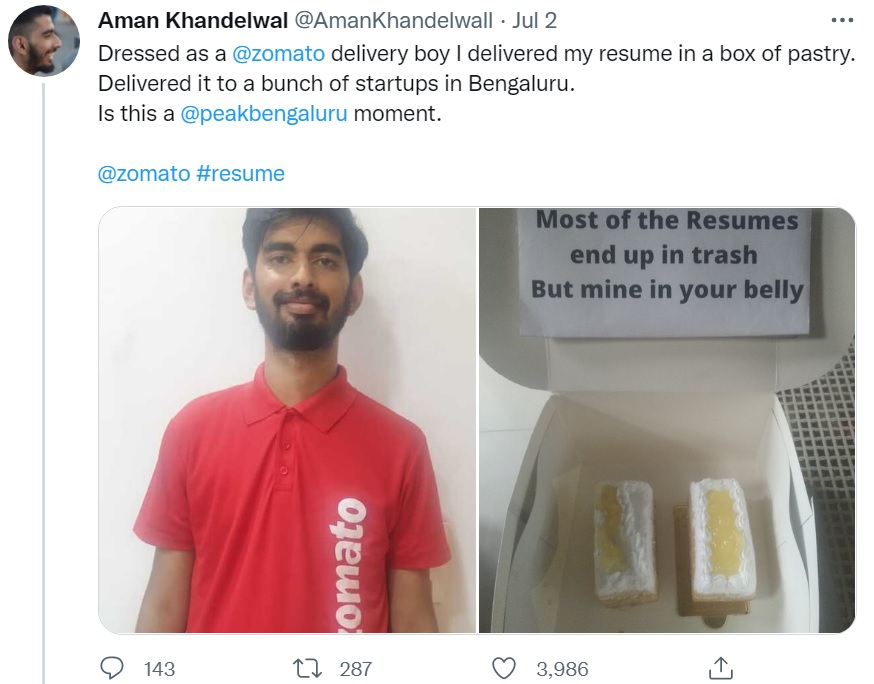 この作戦を説明した投稿には感心の声が集まった（画像は『Aman Khandelwal　2022年7月2日付Twitter「Dressed as a ＠zomato delivery boy I delivered my resume in a box of pastry.」』のスクリーンショッ）