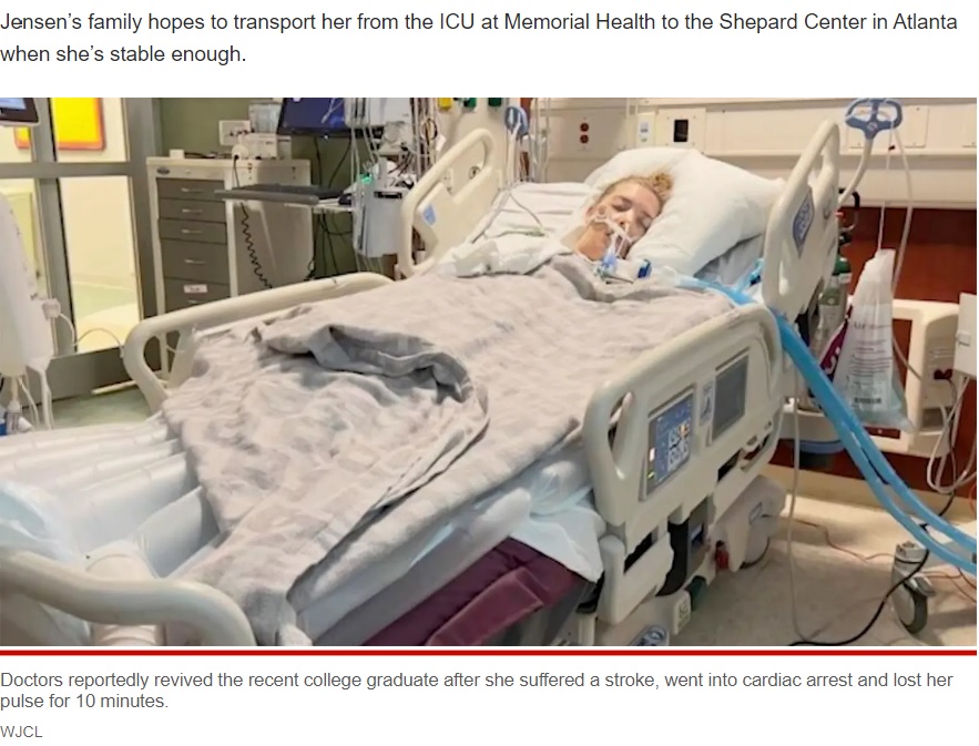 入院中のケイトリンさん（画像は『New York Post　2022年7月13日付「Georgia woman paralyzed, in ICU after routine chiropractor visit: report」（WJCL）』のスクリーンショット）
