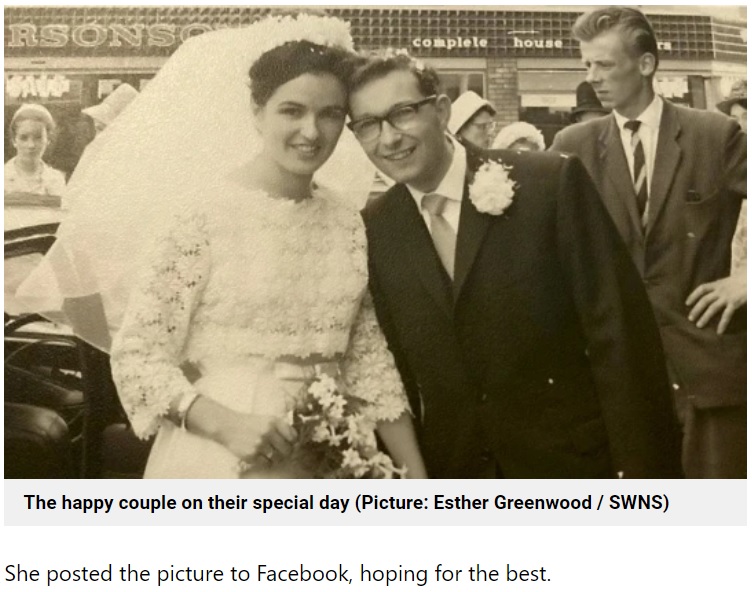 1965年に撮影された結婚式の写真（画像は『Metro　2022年7月26日付「Couple reunited with lost wedding photo in time for 57th wedding anniversary」（Picture: Esther Greenwood / SWNS）』のスクリーンショット）