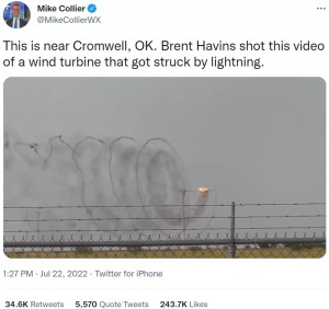 【海外発！Breaking News】風力発電機に雷が直撃　黒煙と炎を上げながらも回転を続ける（米）＜動画あり＞