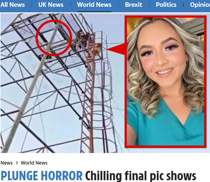 ジャンプ台に開いた穴から落ちた女性（画像は『The Sun　2022年7月6日付「PLUNGE HORROR Chilling final pic shows nurse climbing 60ft to zip wire platform moments before she fell to her death」』のスクリーンショット）