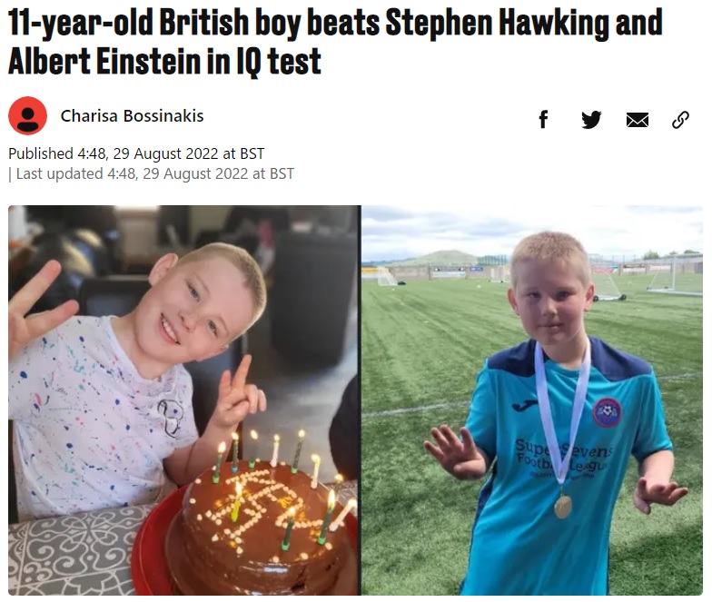 若干11歳でIQ162を叩き出した少年（画像は『LADbible　2022年8月29日付「11-year-old British boy beats Stephen Hawking and Albert Einstein in IQ test」』のスクリーンショット）