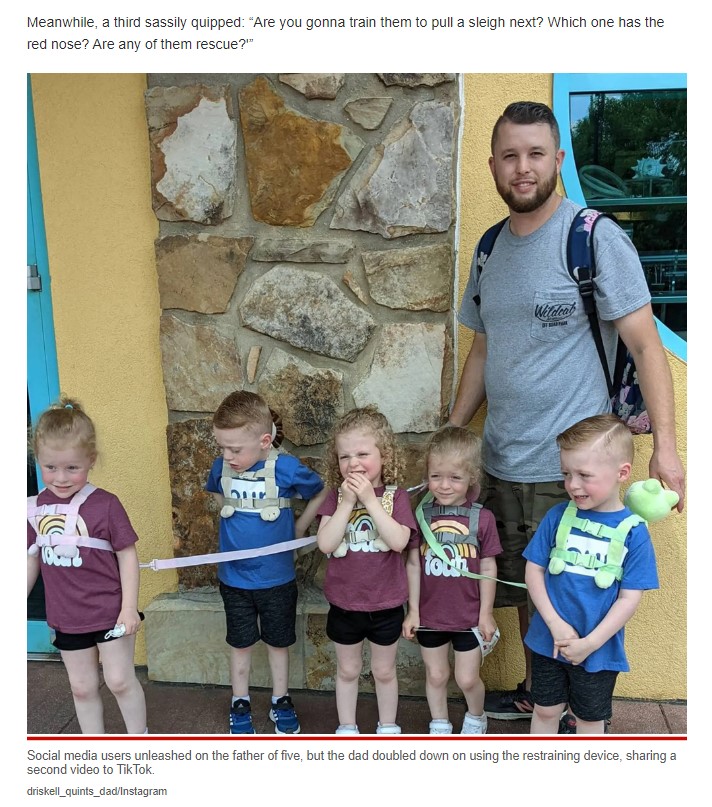 子ども達の安全のために子ども用リードを付けて出掛ける（画像は『New York Post　2022年8月3日付「Dad divides social media for for using leash to take his quintuplets, 5, for a walk」（driskell_quints_dad/Instagram）』のスクリーンショット）
