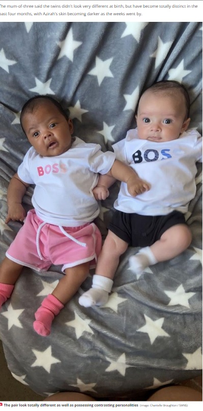 肌と瞳の色が違う男女の双子（画像は『The Daily Star　2022年8月19日付「Shocked mum gives birth million-to-one white and black twins with different skin colours」（Image: Chantelle Broughton / SWNS）』のスクリーンショット）
