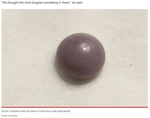 傷もなくキレイな丸い形だった真珠（画像は『New York Post　2022年8月16日付「Man finds rare purple pearl inside a clam while dining in Delaware」（Scott Overland）』のスクリーンショット）