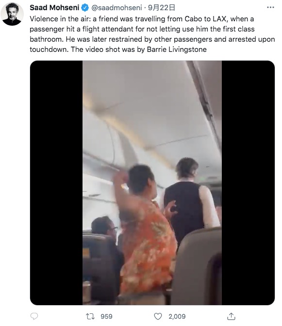 客室乗務員の背後に近づくアレクサンダー（画像は『Saad Mohseni　2022年9月22日付Twitter「Violence in the air: a friend was travelling from Cabo to LAX」』のスクリーンショット）