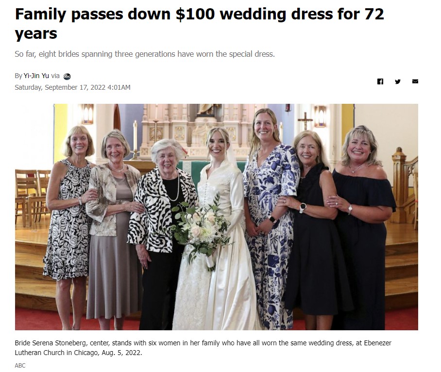 72年間受け継がれているウエディングドレス（画像は『ABC7　2022年9月17日付「Family passes down ＄100 wedding dress for 72 years」（ABC）』のスクリーンショット）