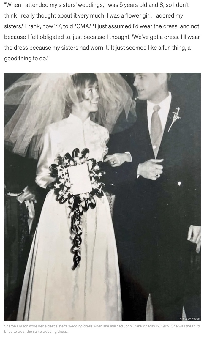 1969年、3番目にシャロンさんがウエディングドレスを着用（画像は『Good Morning America　2022年9月16日付「Family passes down ＄100 wedding dress for 72 years」（Photo by Robert）』のスクリーンショット）