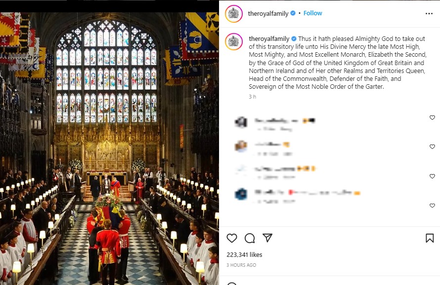 聖ジョージ教会に運ばれる女王の棺（画像は『The Royal Family　2022年9月19日付Instagram「Thus it hath pleased Almighty God to take out of this transitory life unto His Divine Mercy the late Most High」』のスクリーンショット）