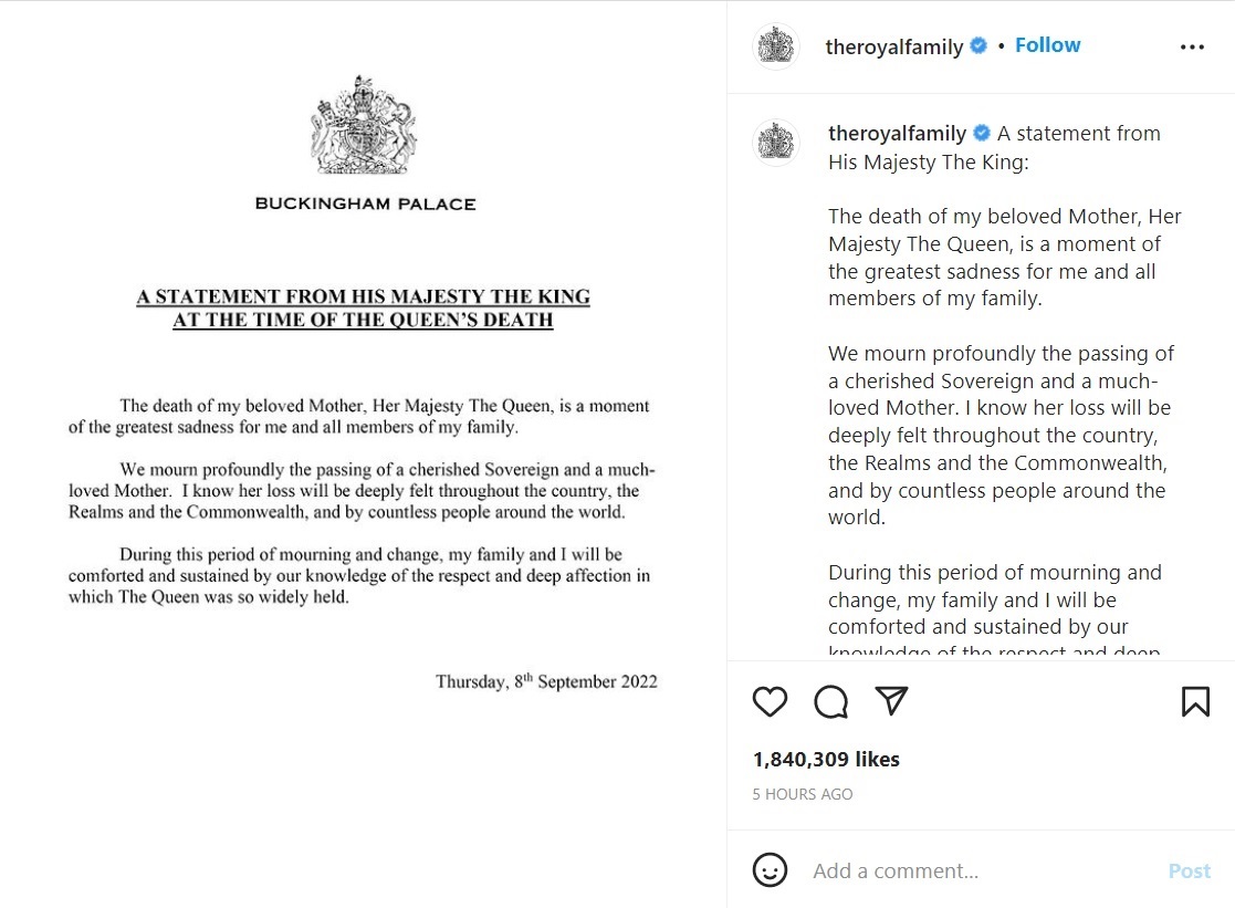 王位を継承したチャールズ3世が公開した声明文（画像は『The Royal Family　2022年9月8日付Instagram「A statement from His Majesty The King:」』のスクリーンショット）