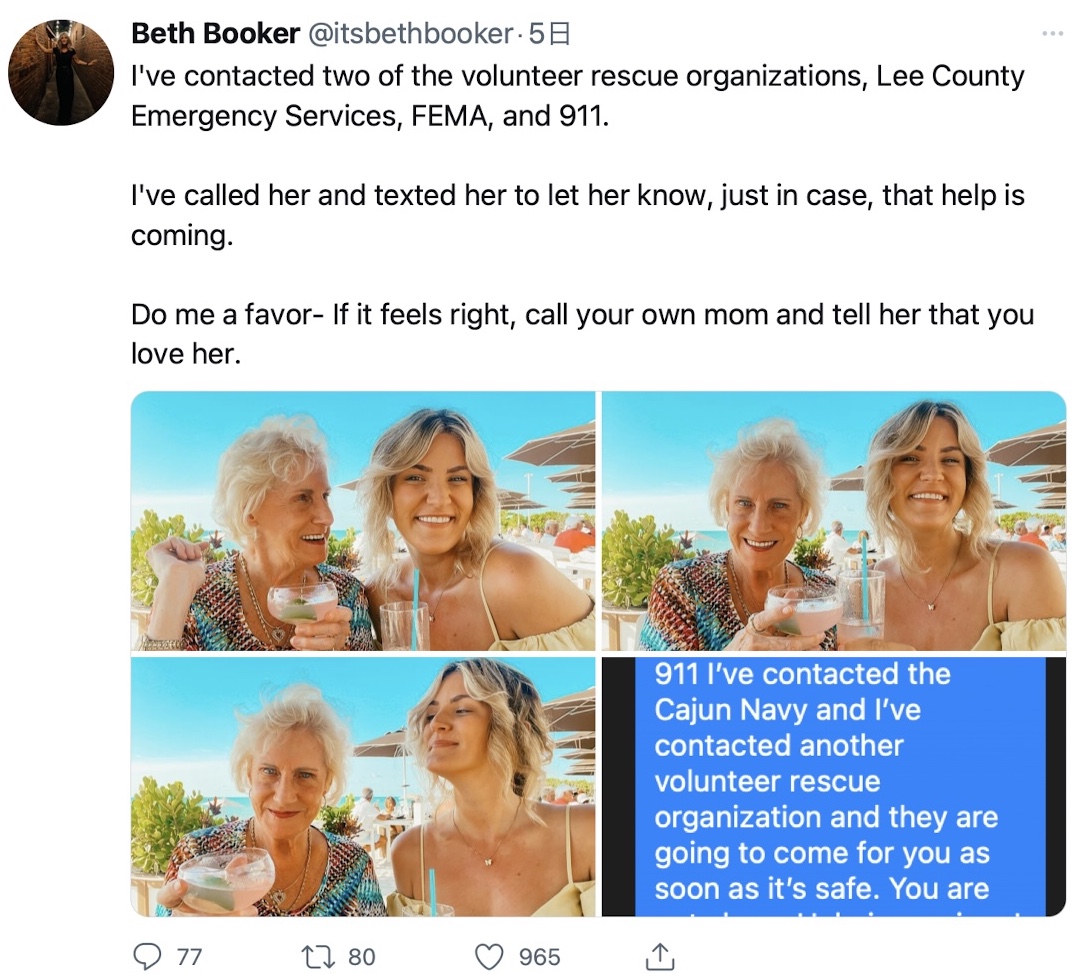 Twitterで行方不明になった母親を探す女性（画像は『Beth Booker 2022年9月29日付Twitter「I’ve contacted two of the volunteer rescue organizations,」』のスクリーンショット）