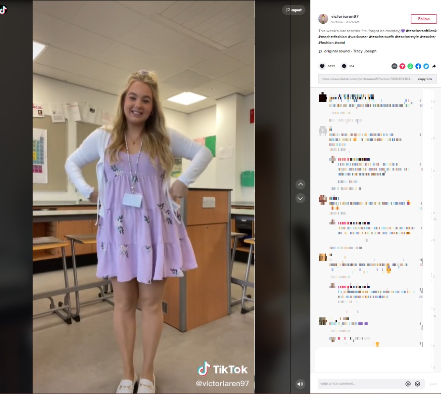 職場でファストファッションを着る女性教師（画像は『Victoria　2021年9月11日付TikTok「This week’s lilac teacher fits」』のスクリーンショット）