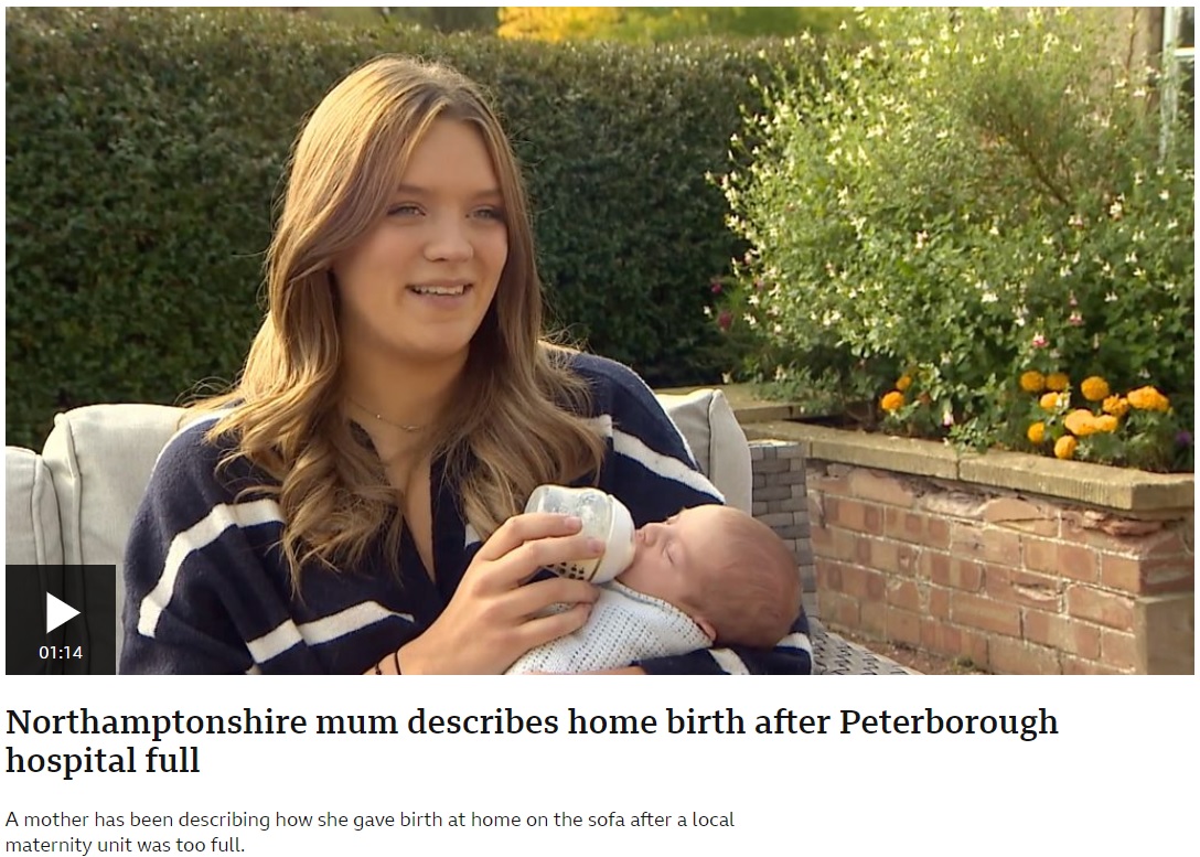 病棟が満床のため自宅で出産した女性（画像は『BBC News　2022年10月6日付「Northamptonshire mum describes home birth after Peterborough hospital full」』のスクリーンショット）
