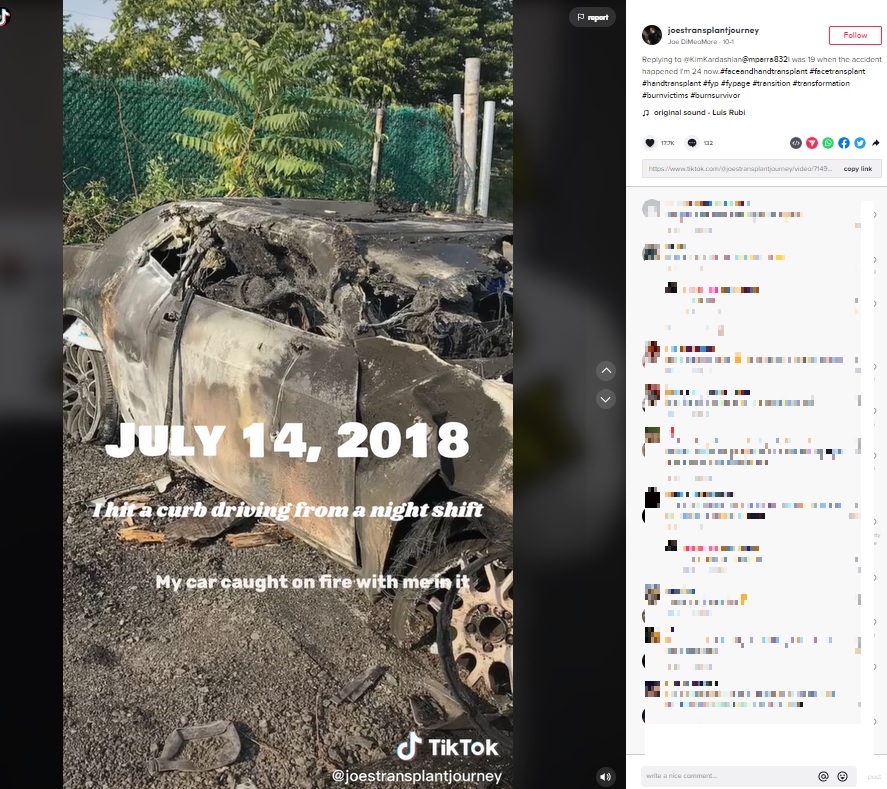 2018年の事故で炎上した車（画像は『Joe DiMeo　2022年10月1日付TikTok「Replying to ＠mparra832」』のスクリーンショット）