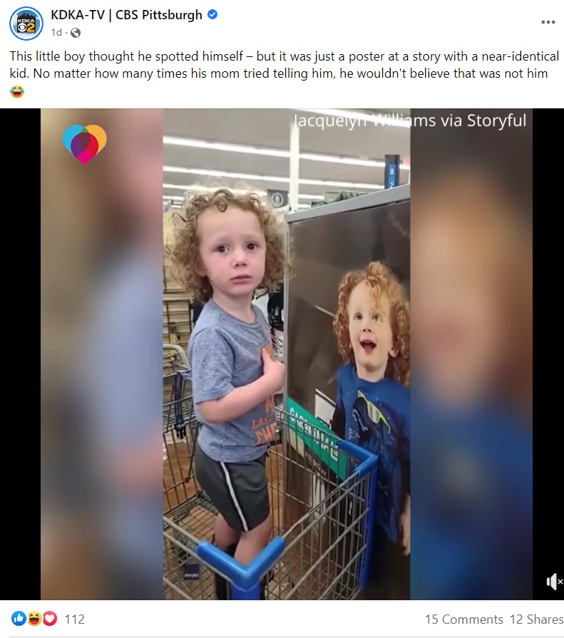 大混乱のカーター君（画像は『KDKA-TV | CBS Pittsburgh　2022年10月13日付Facebook「Little boy confused when mom says doppelganger in poster isn’t him」』のスクリーンショット）