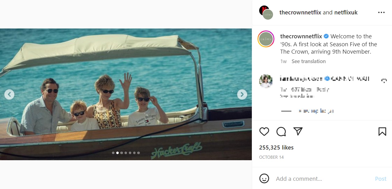 『ザ・クラウン』に登場するチャールズ皇太子一家（画像は『The Crown　2022年10月14日付Instagram「Welcome to the ‘90s.」』のスクリーンショット）