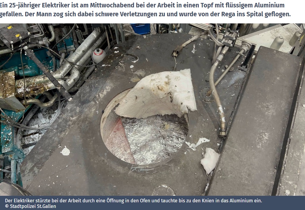 男性が転落したアルミニウム溶解炉（画像は『FM1Today　2022年11月11日付「25-jähriger Elektriker fällt in flüssiges Aluminium」（（C）Stadtpolizei St.Gallen）』のスクリーンショット）