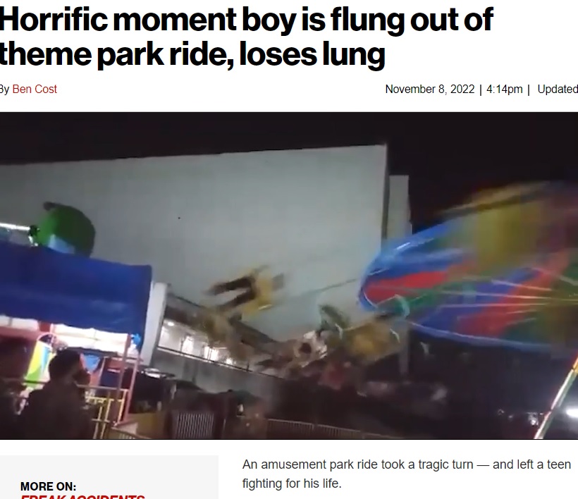 事故が起きた回転ブランコ（画像は『New York Post　2022年11月8日付「Horrific moment boy is flung out of theme park ride, loses lung」（ViralPress）』のスクリーンショット）