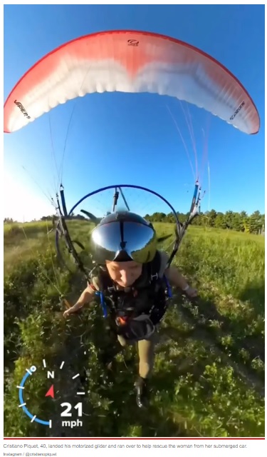 パラグライダー中に女性の叫び声を聞いた男性は…（画像は『New York Post　2022年11月1日付「Video captures paraglider save Florida woman after car plunged into canal」（Instagram / ＠cristianopiquet）』のスクリーンショット）