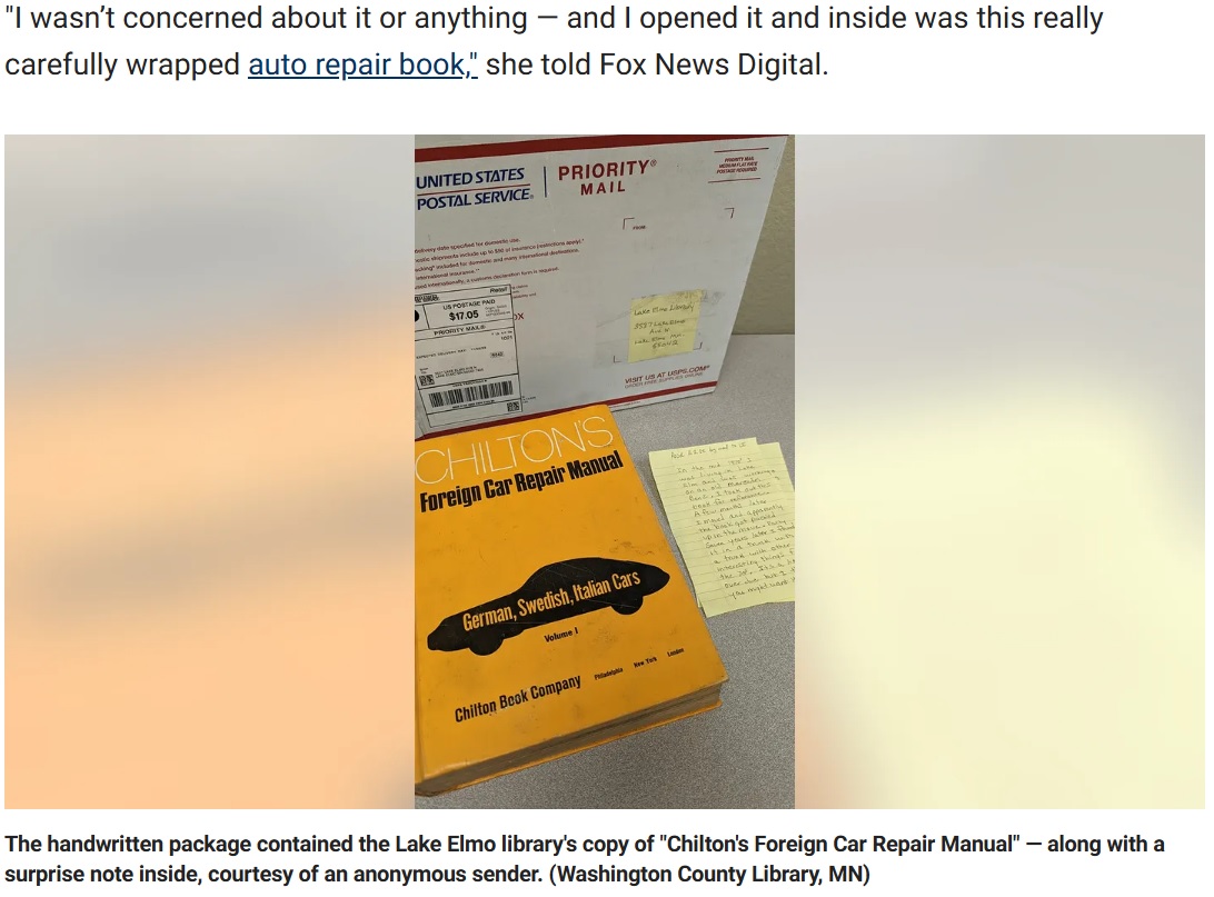 差出人不明の荷物が図書館に届いた（画像は『Fox News　2022年12月14日付「Library receives overdue book from 47 years ago, along with anonymous note and a surprise」（Washington County Library, MN）』のスクリーンショット）