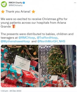 アリアナから届いたクリスマスプレゼント（画像は『RMCH Charity　2022年12月26日付Twitter「Thank you Ariana!」』のスクリーンショット）