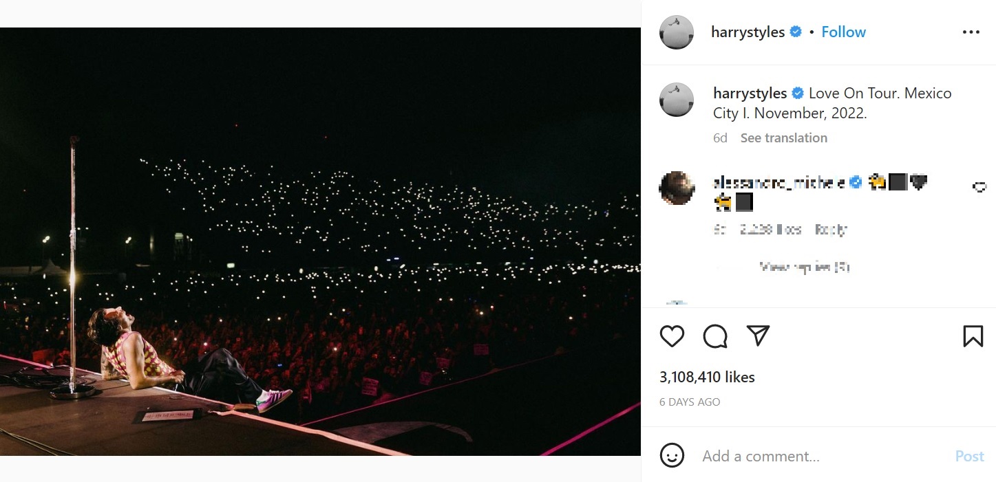 ワールドツアー『Love On Tour』真っ只中のハリー（画像は『harrystyles　2022年11月26日付Instagram「Love On Tour. Mexico City I. November, 2022.」』のスクリーンショット）