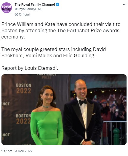 鮮やかなグリーンのドレスを纏ったキャサリン皇太子妃（画像は『The Royal Family Channel　2022年12月3日付Twitter「Prince William and Kate have concluded their visit to Boston by attending the The Earthshot Prize awards ceremony.」』のスクリーンショット）