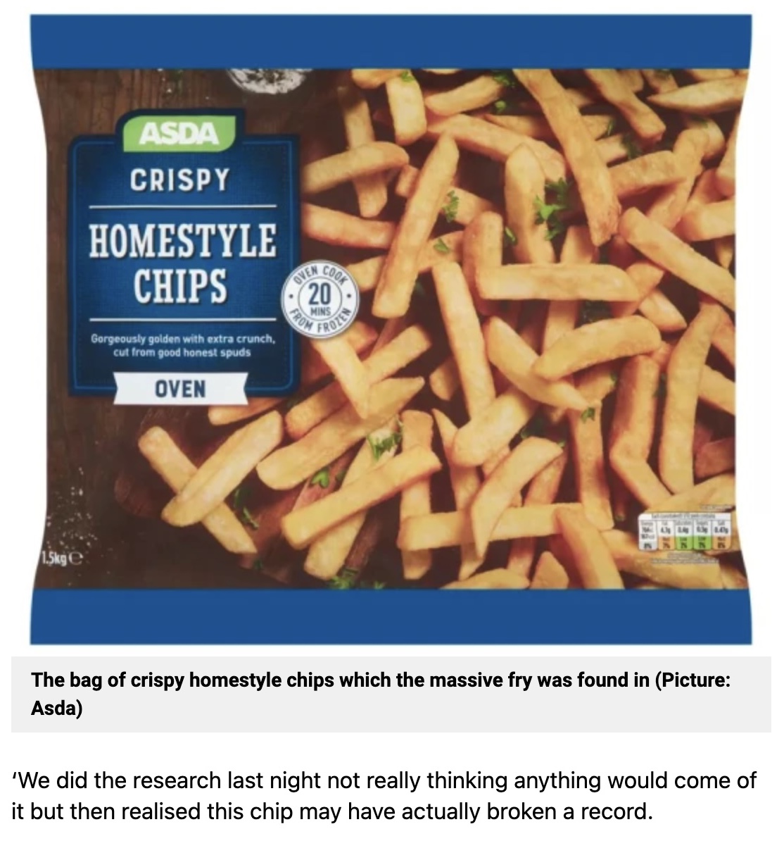 「Asda」で販売されている冷凍フライドポテト（画像は『Metro　2023年1月20日付「We want to see the potato behind the ‘world’s longest chip’ found by boy, 9」（Picture: Asda）』のスクリーンショット）