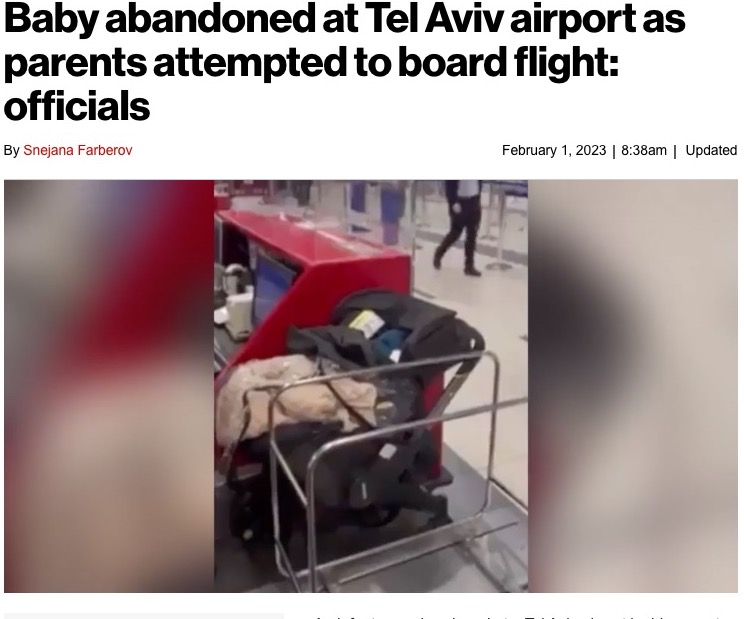 空港に残された乳児（画像は『New York Post　2023年2月1日付「Baby abandoned at Tel Aviv airport as parents attempted to board flight: officials」（CEN）』のスクリーンショット）