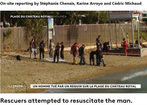 事故後のビーチ（画像は『Franceinfo　2023年2月19日付「Un mort après une nouvelle attaque de requin au Château Royal, à Nouméa」』のスクリーンショット）