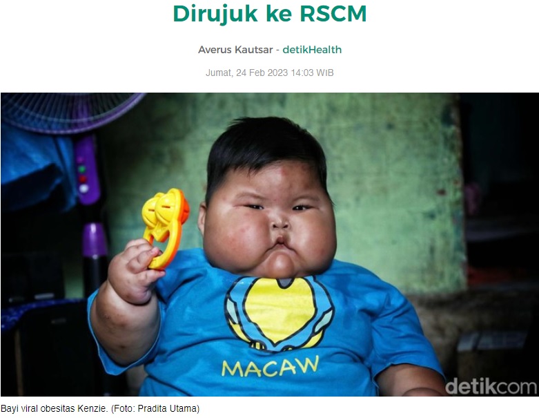 日本の8歳児ほどの体重があるムハンマド君（画像は『detikHealth　2023年2月24日付「Bayi Obesitas 16 Bulan 27 Kg di Bekasi Bakal Dirujuk ke RSCM」（Foto: Pradita Utama）』のスクリーンショット）