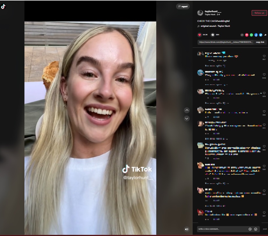 届いたウェディングケーキに大爆笑の女性（画像は『Taylor Hunt　2023年2月4日付TikTok「CHECK THE CAKE ＃weddingfail」』のスクリーンショット）