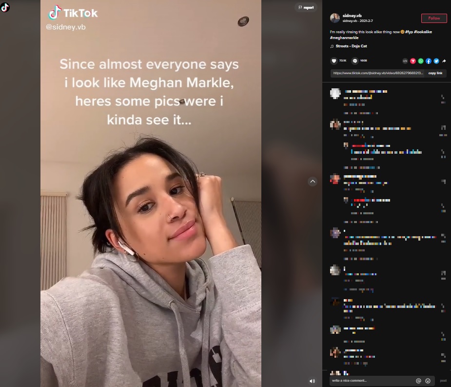 メーガン妃のドッペルゲンガー？（画像は『sidney.vb　2021年2月7日付TikTok「I’m really rinsing this look alike thing now」』のスクリーンショット）