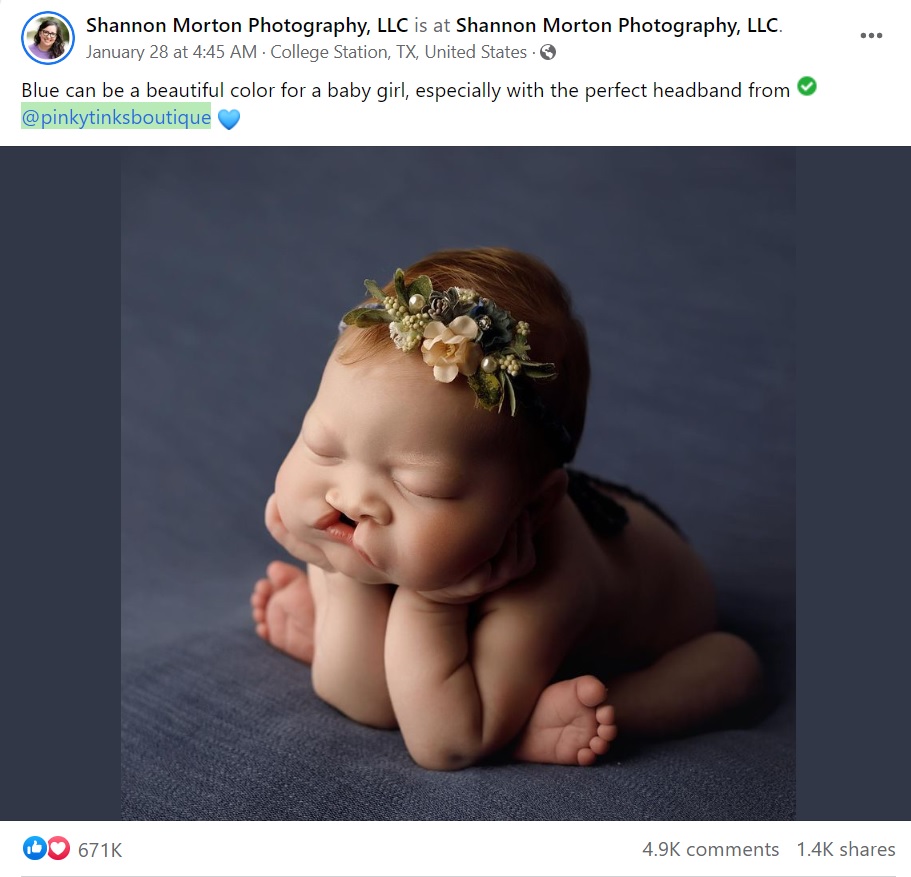 「最高にキュート」なサットンちゃん（画像は『Shannon Morton Photography, LLC　2023年1月28日付Facebook「Blue can be a beautiful color for a baby girl」』のスクリーンショット）