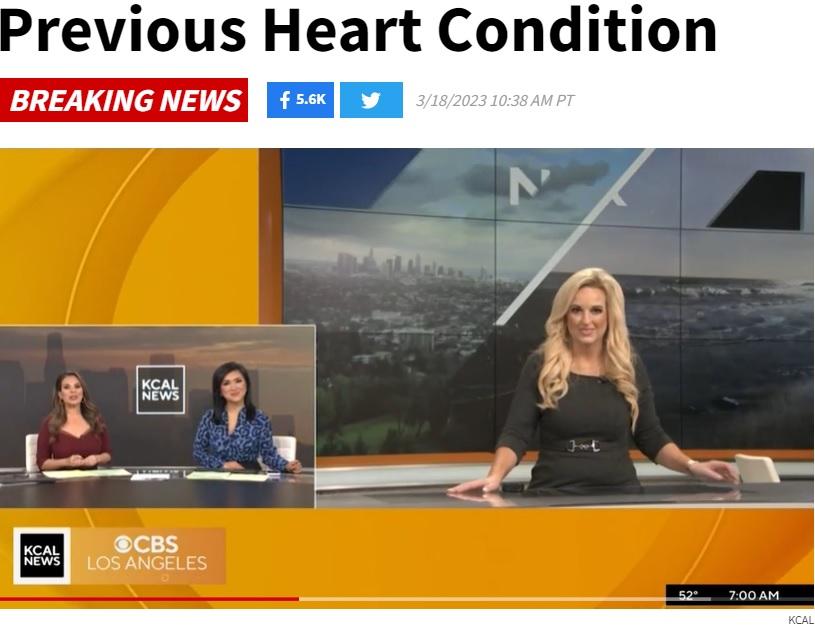 生放送中に失神した気象予報士（右）（画像は『TMZ　2023年3月18日付「CBS L.A.’S KCAL NEWS　METEOROLOGIST FAINTS ON LIVE TV …（KCAL）」』のスクリーンショット）