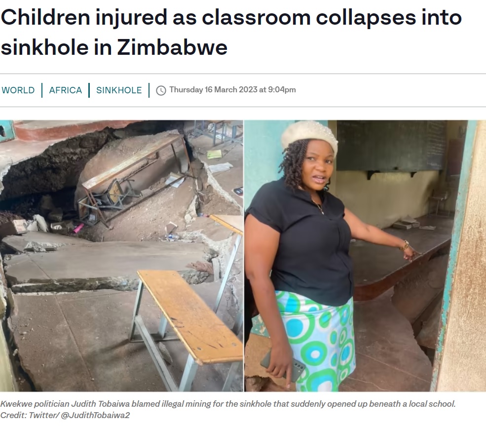事故後の学校を訪れたトバイワ氏（画像は『ITVX　2023年3月16日付「Children injured as classroom collapses into sinkhole in Zimbabwe」（Credit: Twitter/ ＠JudithTobaiwa2）』のスクリーンショット）