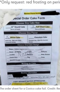 ケーキの注文書では「ハーフシート（30×40×8センチの長方形のケーキ）」の「ホワイトクリームケーキ」を選択、デザインや文字の欄には大きくバツ印を付け「なし（None）」と書かれていた（画像は『7NEWS Australia　2023年4月5日付「Costco’s ‘hilarious’ cake fail leaves the internet in stitches」（Credit: Reddit）』のスクリーンショット）